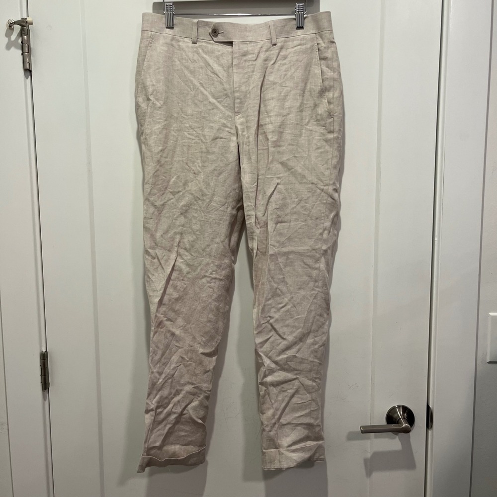 Bar III Mens Slim Fit 100% Linen Dress Pants Beige Oatmeal 32x32 Cuffed Hem